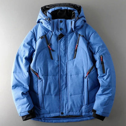 Men's Homixa insulated hooded water-resistant puffer jacket with zip pockets, featuring a lined interior and adjustable hood.