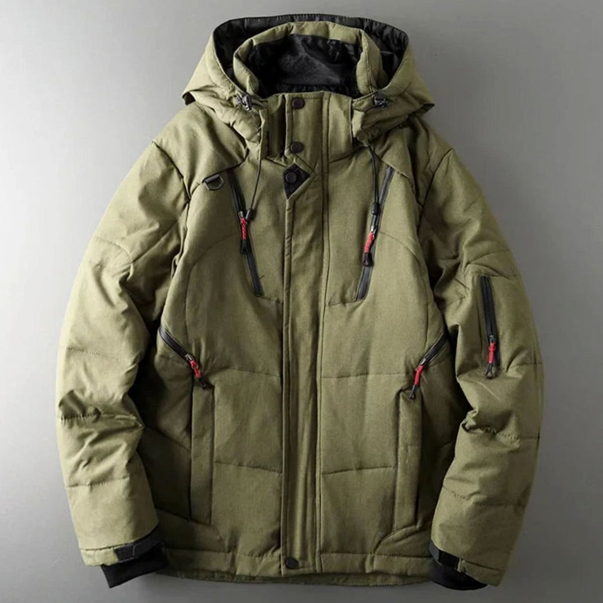 Men's Homixa insulated hooded water-resistant puffer jacket with zip pockets and warm lining, suitable for cold weather.