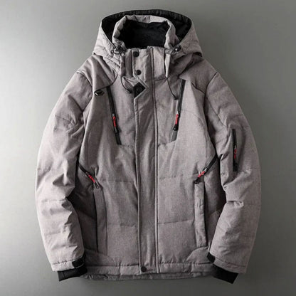 Men's Homixa insulated hooded water-resistant puffer jacket with zip pockets, showing the padded exterior and adjustable hood.