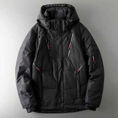 Men's Homixa insulated hooded water-resistant puffer jacket with zip pockets, showcasing its quilted design and warm lining.