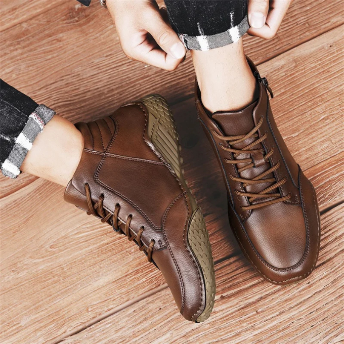 Homixa men's lace-up ankle boots with side zip, round toe, and comfortable fit, shown in a stylish men's shoe display.