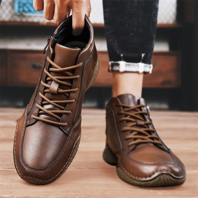 Homixa men's lace-up ankle boots with side zipper, round toe, and comfortable fit, showcasing stylish men's shoe design.
