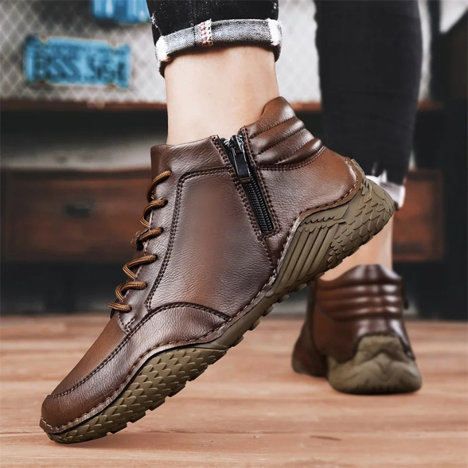 Homixa men's lace-up ankle boots with side zip, round toe, and a comfortable fit, featuring durable leather and stylish design.