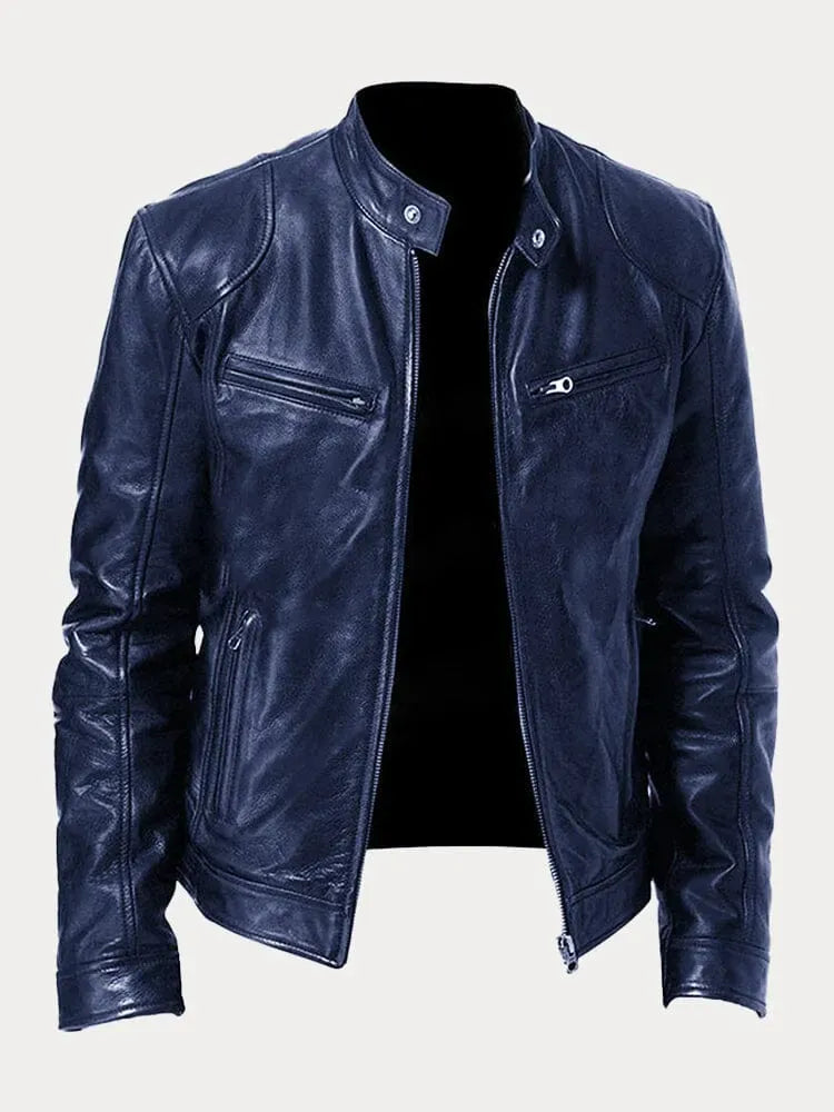 Men's leather jacket by Homixa with stand collar, zip front, and four zippered pockets, styled on a male model.
