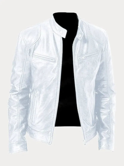 Men's leather jacket by Homixa featuring a stand collar, zip front, and four zippered pockets, stylish and durable for men.