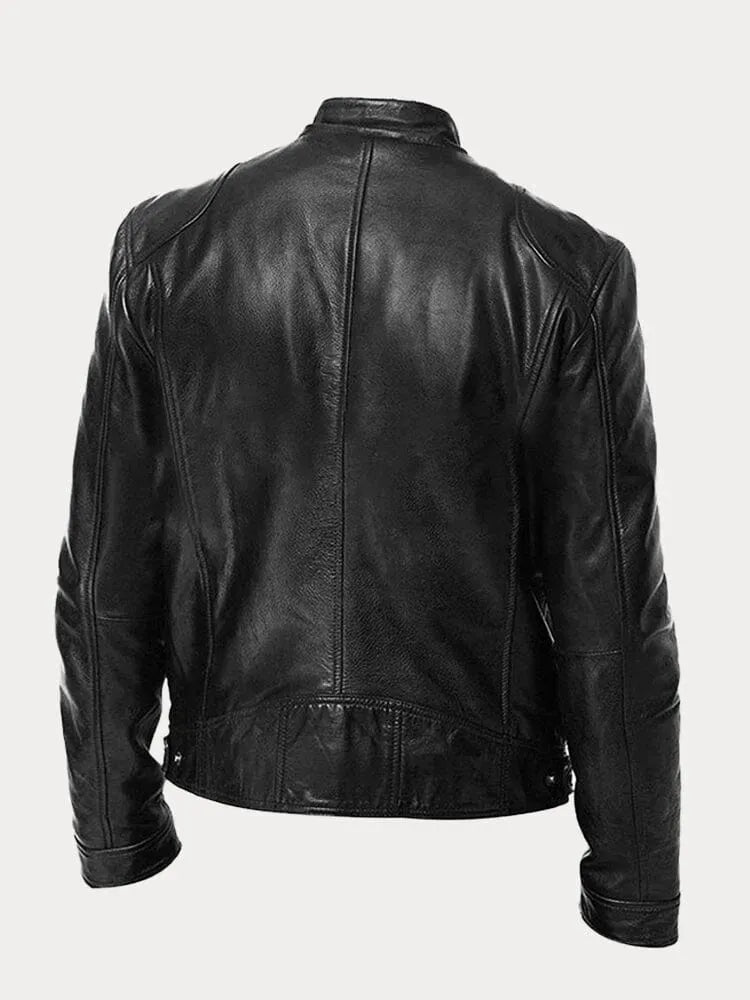 Men's leather jacket with stand collar, zip front, and four zippered pockets by Homixa, shown in a stylish black design.