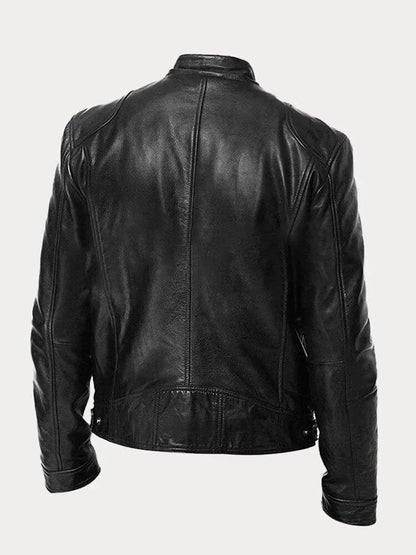 Men's leather jacket with stand collar, zip front, and four zippered pockets by Homixa, shown in a stylish black design.