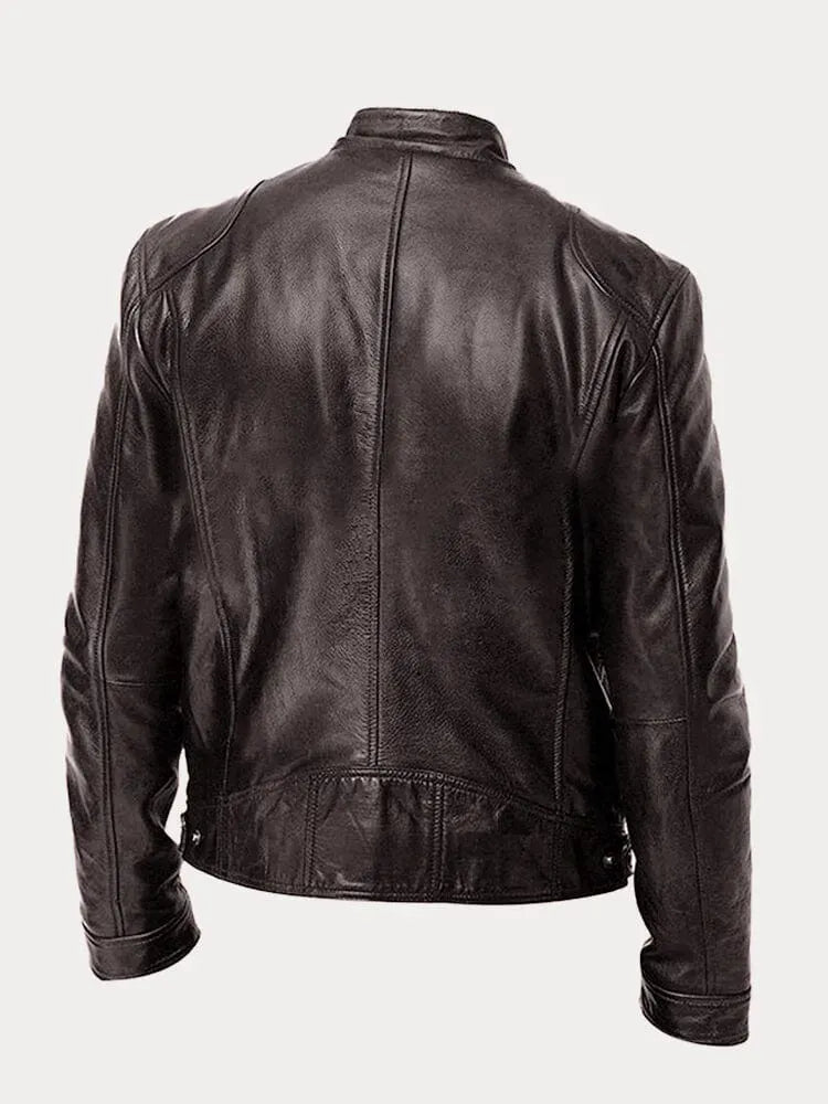 Men's leather jacket by Homixa featuring stand collar, zip front, and four zippered pockets, displayed on a male model.