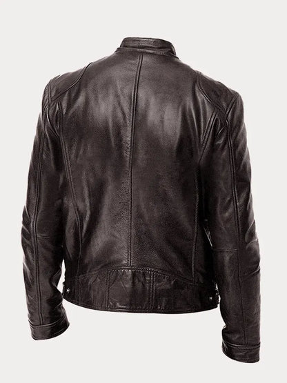 Men's leather jacket by Homixa featuring stand collar, zip front, and four zippered pockets, displayed on a male model.