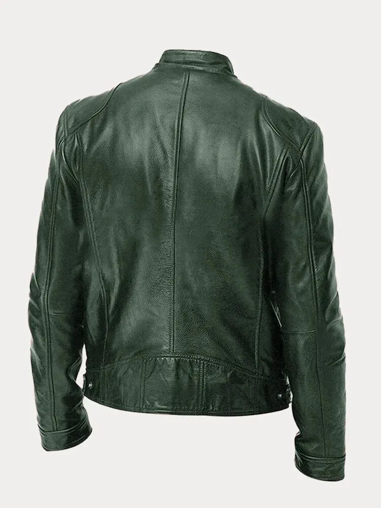 Men's leather jacket by Homixa featuring a stand collar, zip front, and four zippered pockets, shown in a stylish black design.