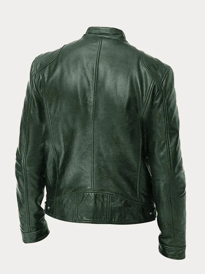 Men's leather jacket by Homixa featuring a stand collar, zip front, and four zippered pockets, shown in a stylish black design.