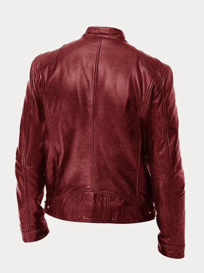 Homixa men's leather jacket with stand collar, zip front, and four zippered pockets, showcasing stylish and durable outerwear.