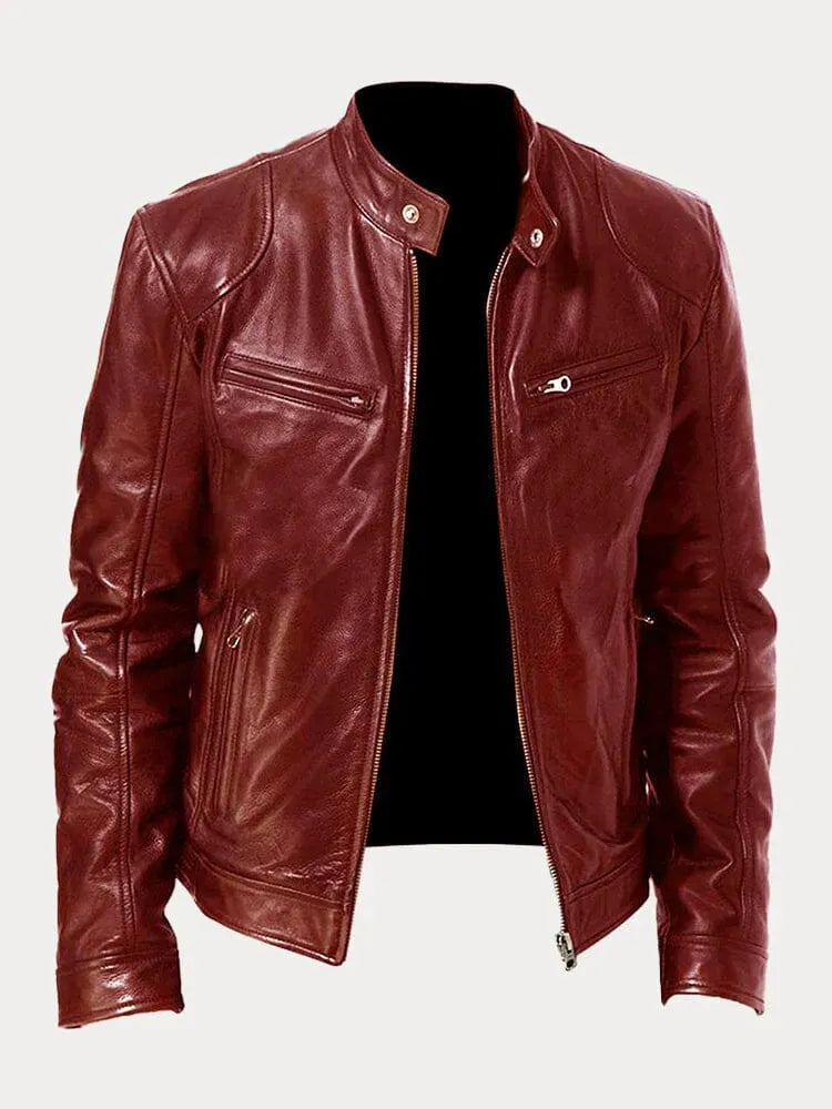 Men's leather jacket by Homixa featuring a stand collar, zip front, and four zippered pockets, shown on a model.