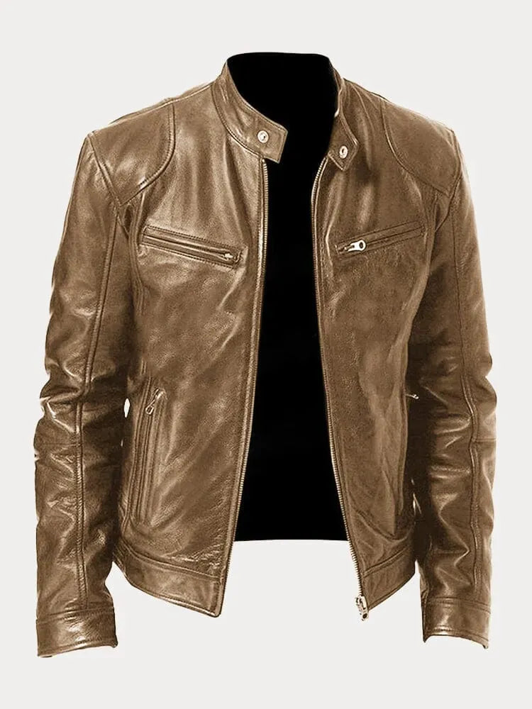 Men's leather jacket by Homixa featuring a stand collar, zip front, and four zippered pockets, displayed on a model.