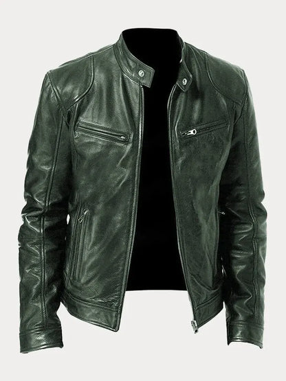 Men's leather jacket by Homixa with stand collar, zip front, and four zippered pockets, stylish and rugged outerwear.