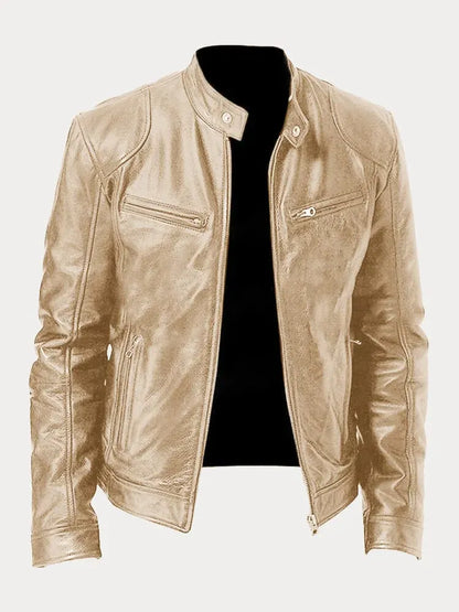 Men's leather jacket by Homixa featuring a stand collar, zip front, and four zippered pockets, styled on a male model.