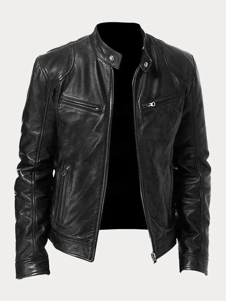 Men's leather jacket by Homixa with stand collar, zip front, and four zippered pockets, shown on a model.