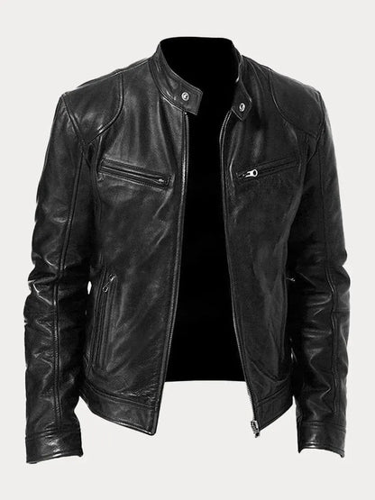 Men's leather jacket by Homixa with stand collar, zip front, and four zippered pockets, shown on a model.