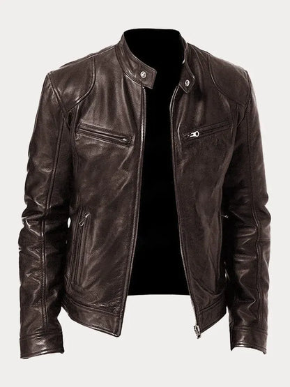 Men's leather jacket by Homixa with stand collar, zip front, and four zippered pockets, shown in a stylish and classic design.
