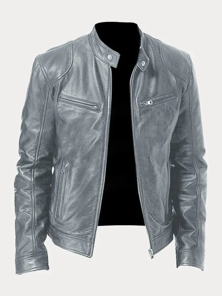 Men's leather jacket by Homixa featuring a stand collar, zip front, and four zippered pockets, stylish and durable for men.