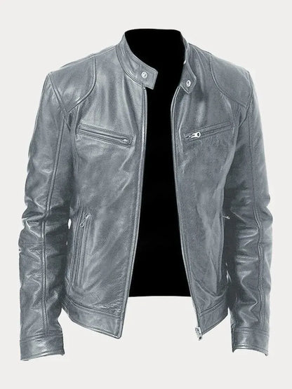Men's leather jacket by Homixa featuring a stand collar, zip front, and four zippered pockets, stylish and durable for men.