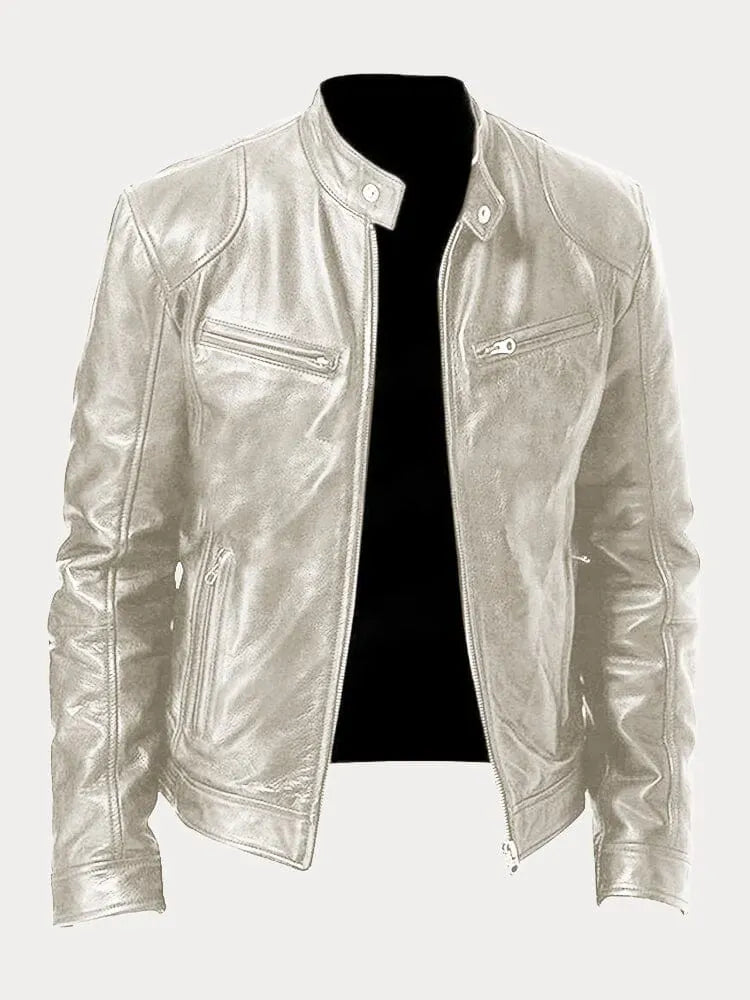 Men's leather jacket by Homixa featuring a stand collar, zip front, and four zippered pockets, displayed on a model.