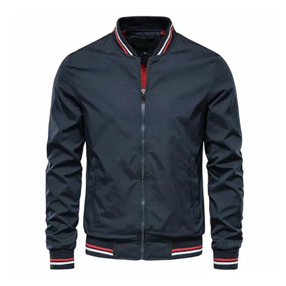 Homixa men's lightweight fall bomber jacket with striped ribbed cuffs, zip front, in green, featuring a sleek design and comfortable fit.