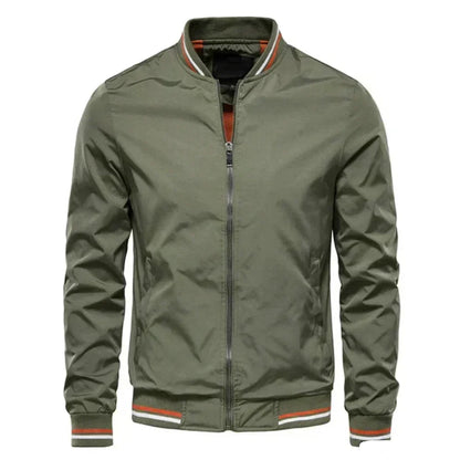 Men's lightweight green bomber jacket by Homixa with striped ribbed cuffs, zip front, sleek design, perfect for fall.