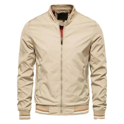 Homixa men's lightweight fall bomber jacket with striped ribbed trim, zip front, in green; sleek, casual men's bomber jacket.