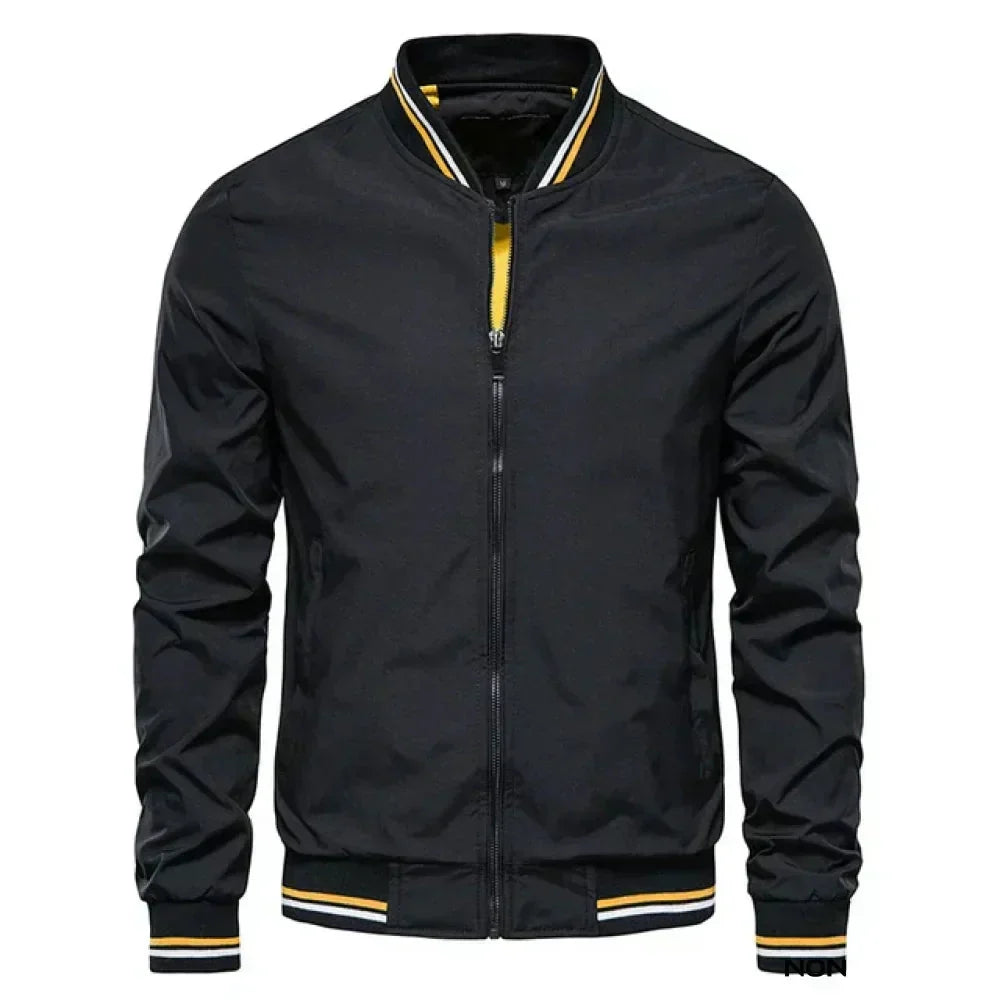 Homixa men's lightweight fall bomber jacket with striped ribbed trim, zip front, in green, featuring a sleek design and ribbed cuffs.