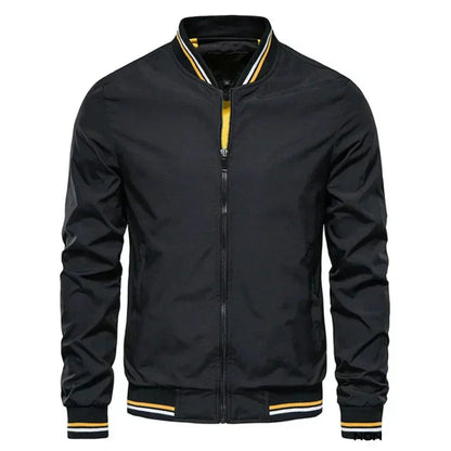 Homixa men's lightweight fall bomber jacket with striped ribbed trim, zip front, in green, featuring a sleek design and ribbed cuffs.