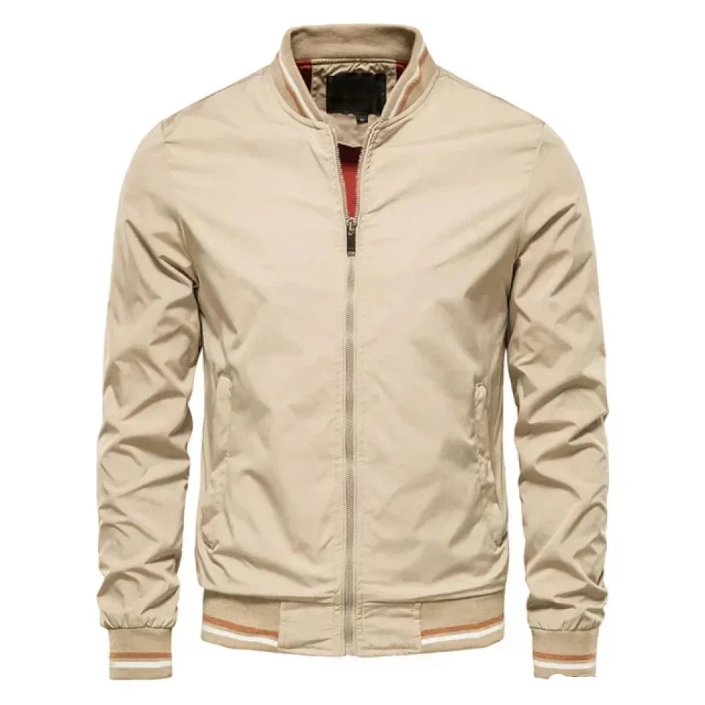 Men's lightweight bomber jacket by Homixa featuring striped ribbed trim, zip front, and sleek green design for fall wear.