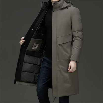 Men's Homixa long puffer coat with quilted lining and adjustable drawstring hood, perfect for cold weather.