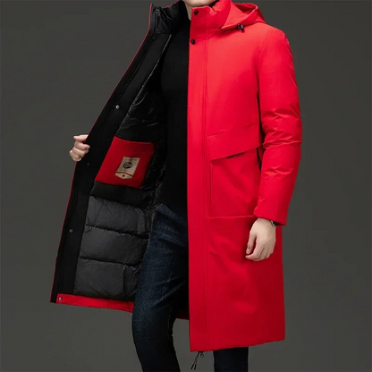 Men's Homixa long puffer coat with quilted lining and adjustable drawstring hood, ideal for cold weather and winter warmth.