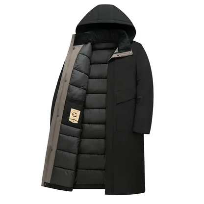 Men's Homixa long puffer coat with quilted lining and adjustable drawstring hood, suitable for cold weather.