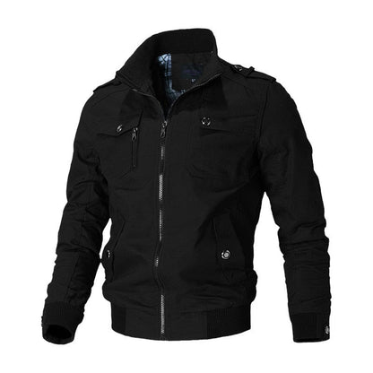 Men's military-style bomber jacket by Homixa featuring ribbed cuffs, zip front, and epaulets, shown on a model.
