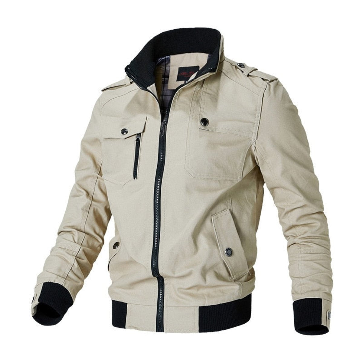 Men's Homixa military-style bomber jacket with ribbed cuffs, zip front, and epaulets, showcasing a rugged, stylish design.