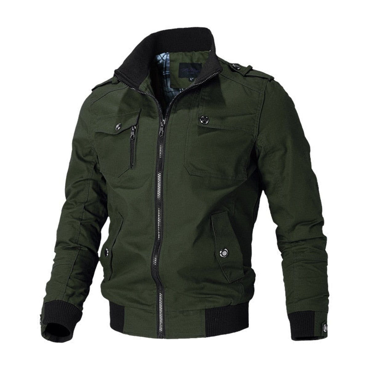 Men's military-style bomber jacket by Homixa featuring ribbed cuffs, zip front, and epaulets, styled with a casual urban look.