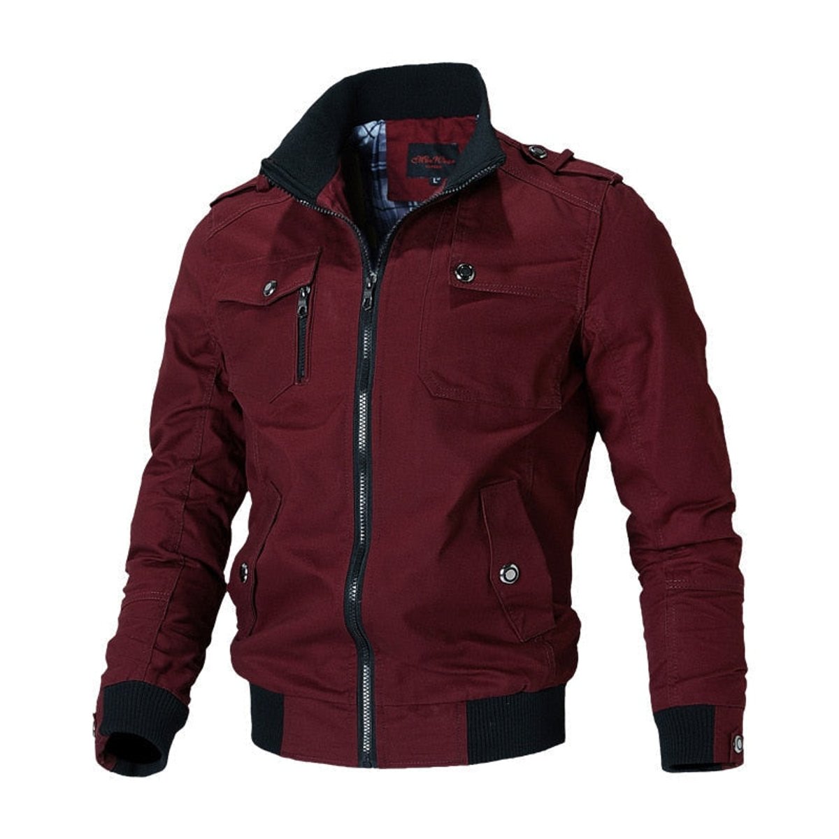 Men's military-style bomber jacket by Homixa with ribbed cuffs, zip front, and epaulets, displayed on a hanger.