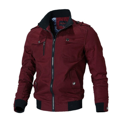 Men's military-style bomber jacket by Homixa with ribbed cuffs, zip front, and epaulets, displayed on a hanger.