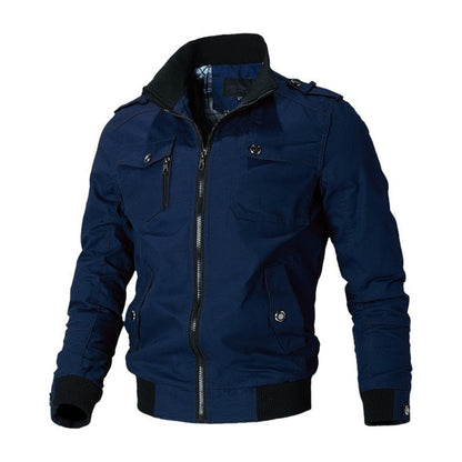 Men's military-style bomber jacket by Homixa with ribbed cuffs, zip front, and epaulets, shown on a model.