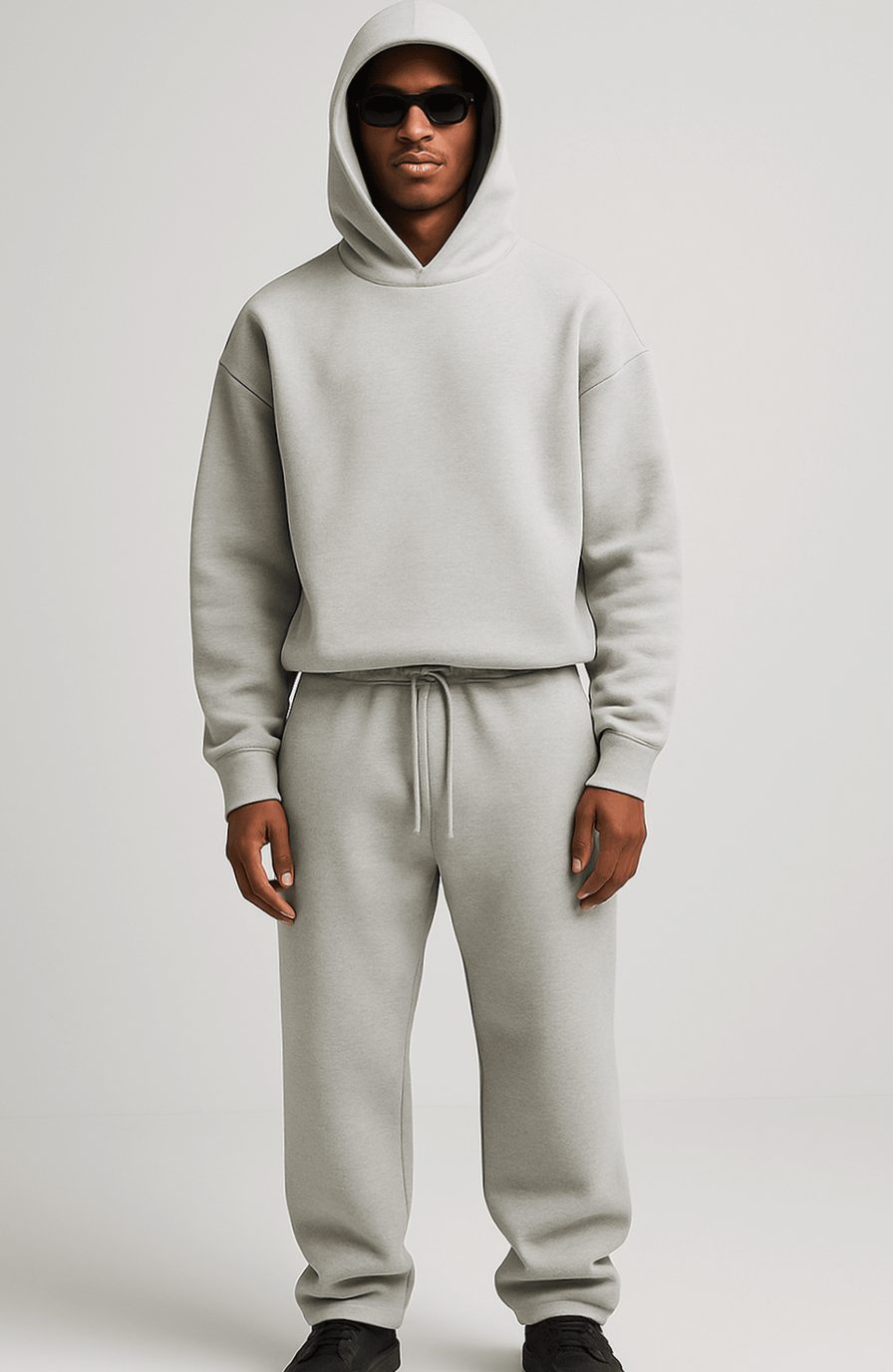 Men's oversized hoodie and jogger tracksuit set by Homixa with drawstring hood and elastic waist, casual athletic wear.