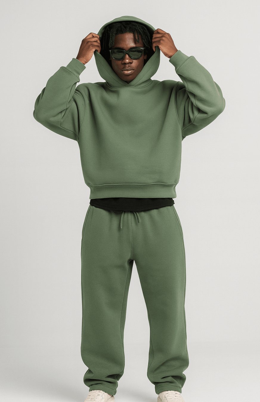 Men's oversized hoodie and jogger tracksuit set by Homixa, featuring drawstring hood and elastic waistband for a comfortable fit.