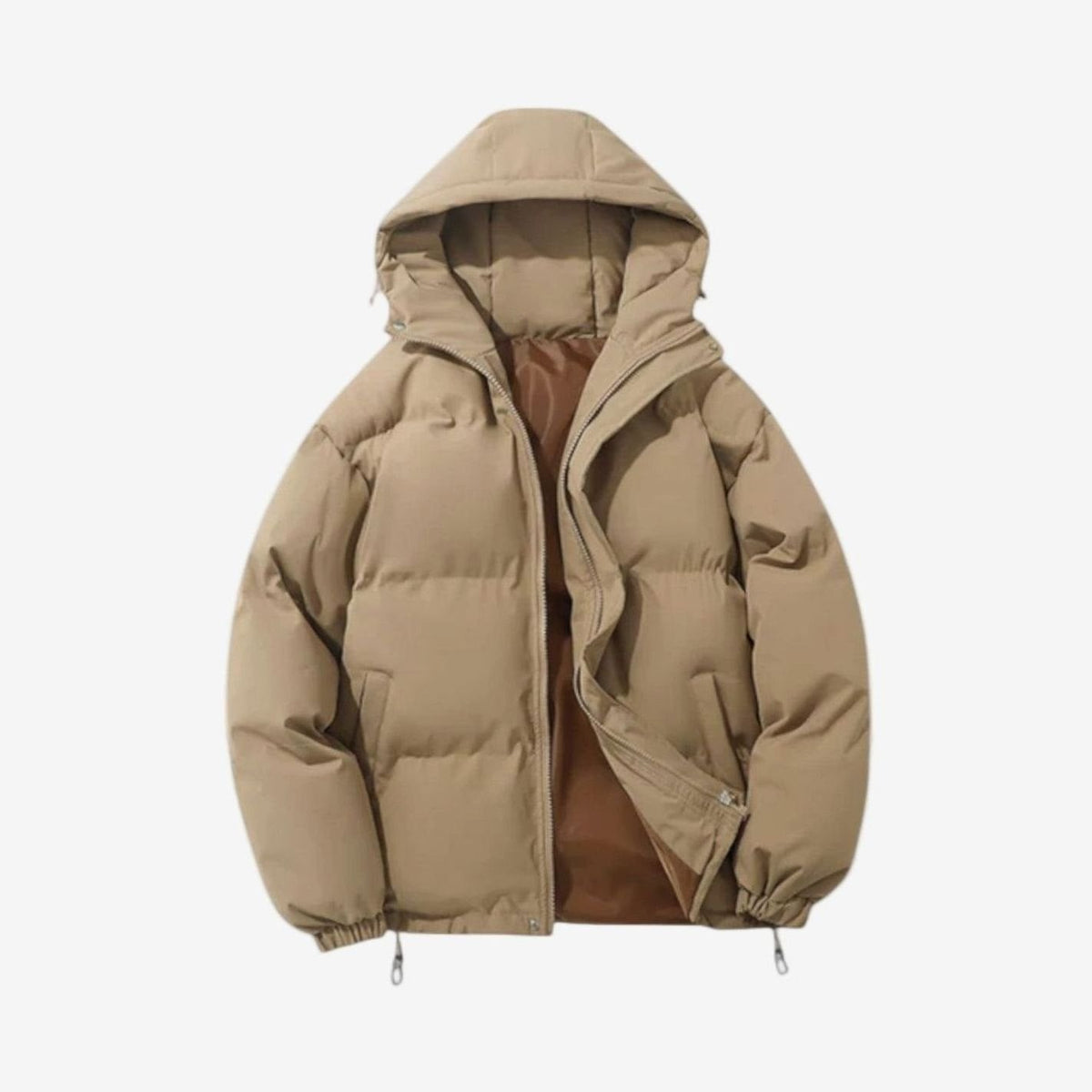 Men's oversized quilted puffer hooded jacket with zip-up front and side-zip hem adjusters, by Homixa.