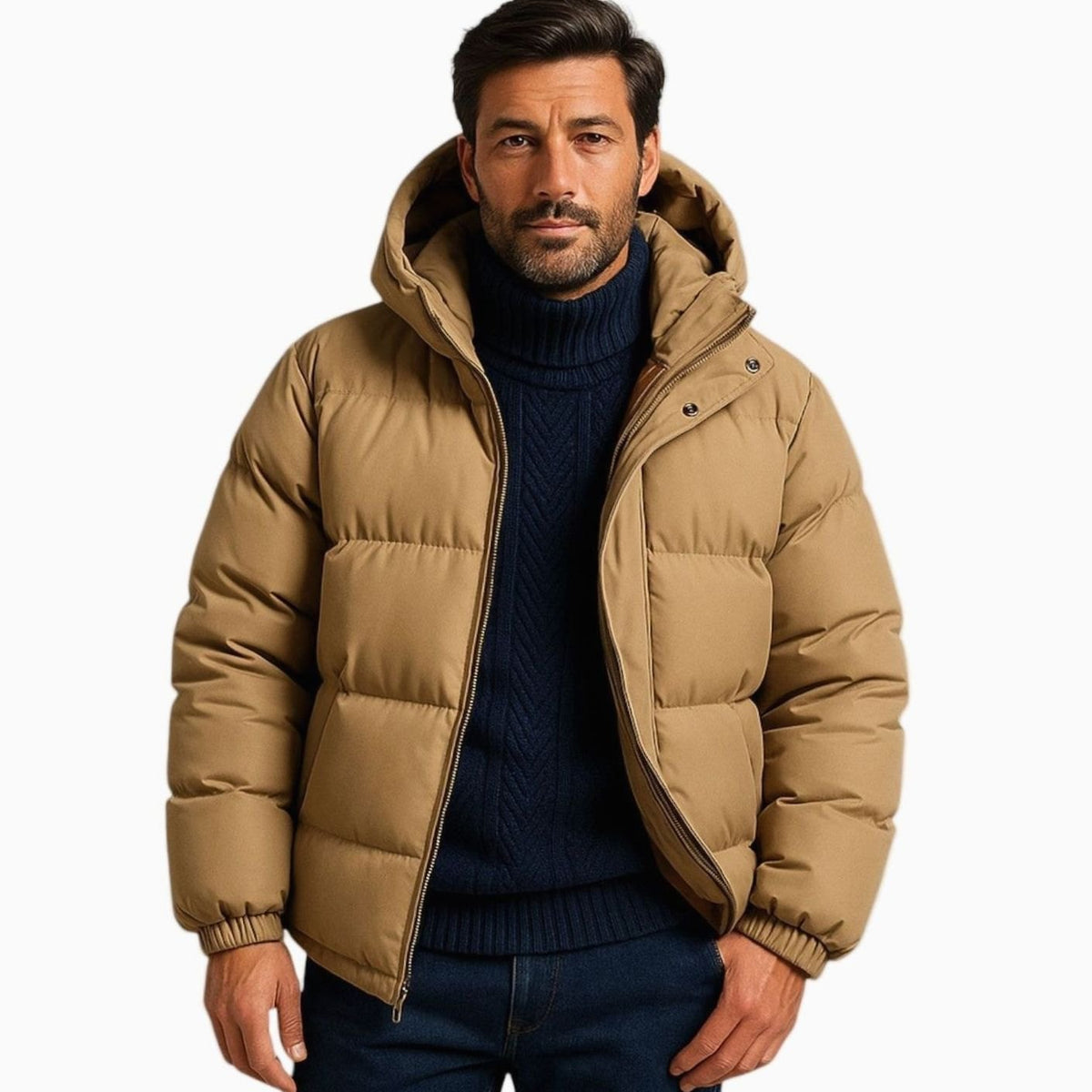 Men's oversized quilted puffer hooded jacket by Homixa with side-zip hem adjusters, featuring a zip-up front and cozy quilted design.
