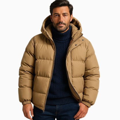 Men's oversized quilted puffer hooded jacket by Homixa with side-zip hem adjusters, featuring a zip-up front and cozy quilted design.