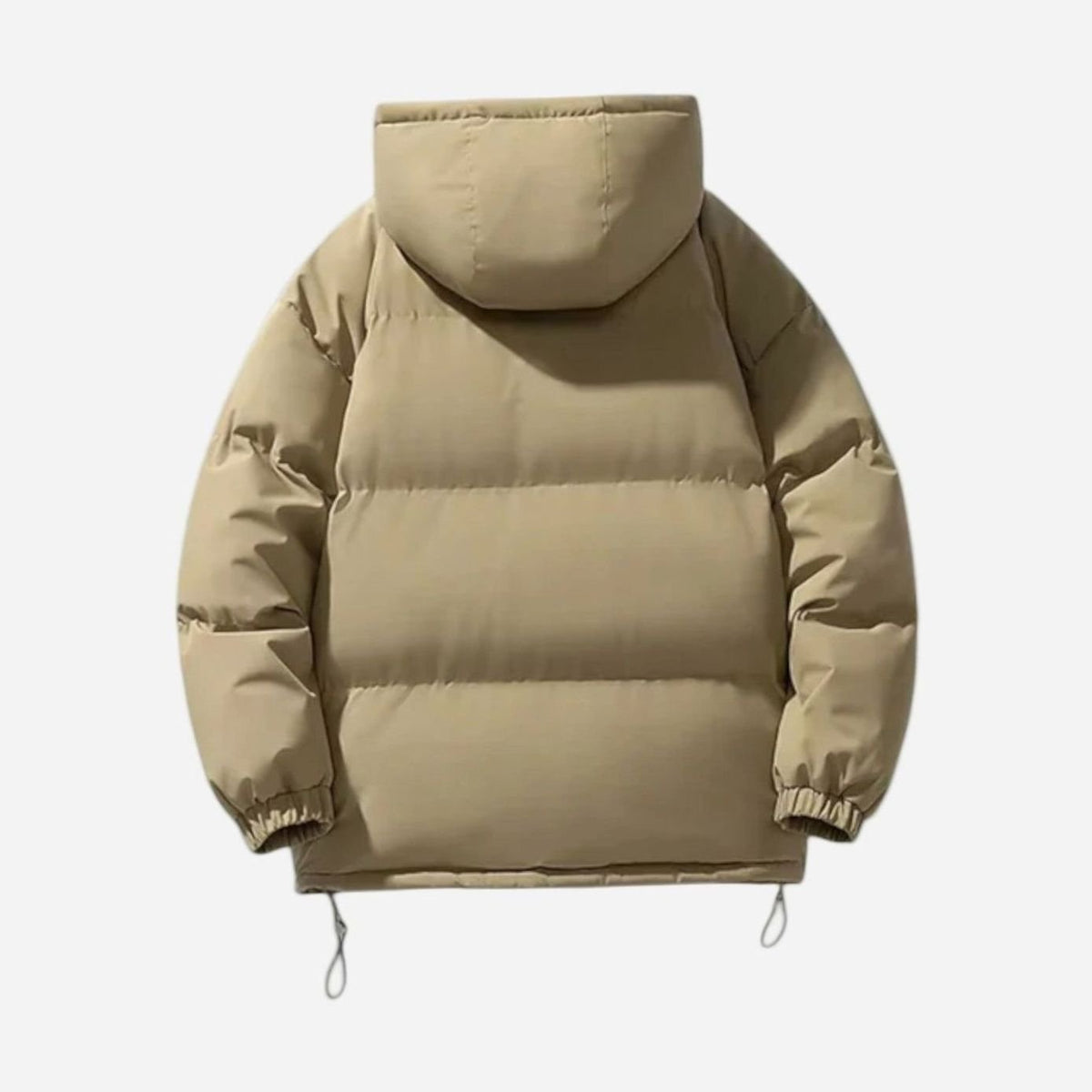 Men's oversized quilted puffer hooded jacket by Homixa featuring zip-up front and side-zip hem adjusters.