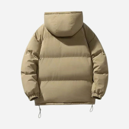 Men's oversized quilted puffer hooded jacket by Homixa featuring zip-up front and side-zip hem adjusters.