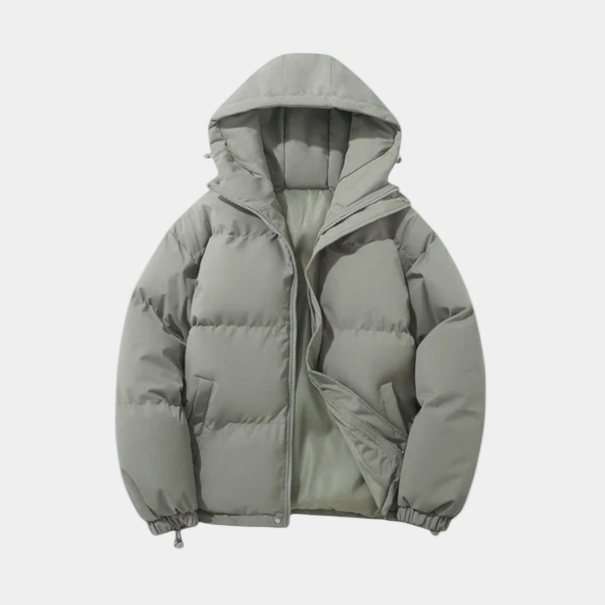 Men's oversized quilted puffer hooded jacket by Homixa with zip-up front and side-zip hem adjusters, warm winter outerwear.
