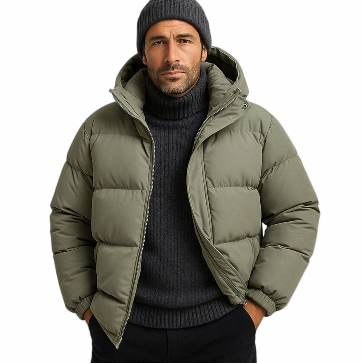 Men's oversized quilted puffer hooded jacket by Homixa with zip-up front and side-zip hem adjusters, warm winter outerwear.
